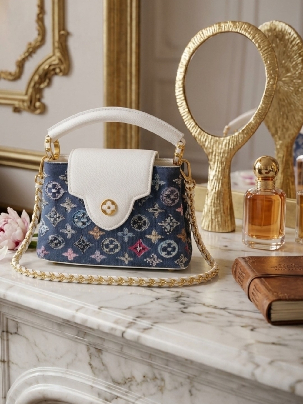 White & Blue Patterned Top-Handle Shoulder Bag